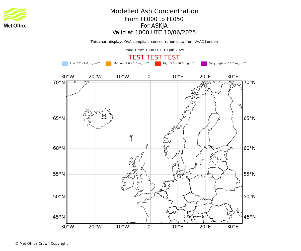 Modelled ash concentration from 000 to 050 for ASKJA. Valid at 1000 UTC 10/06/2025