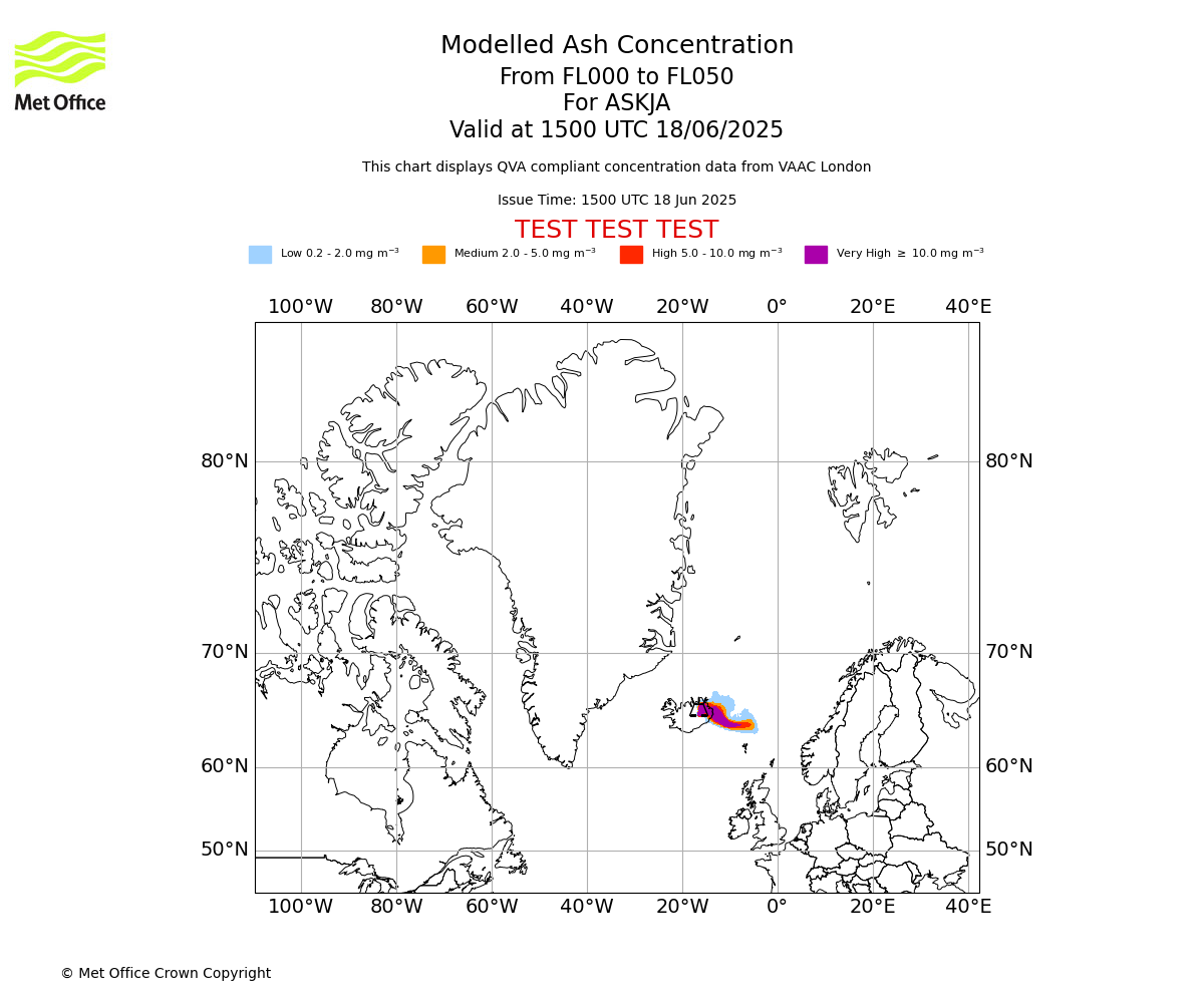 Modelled ash concentration from 000 to 050 for ASKJA. Valid at 1500 UTC 18/06/2025