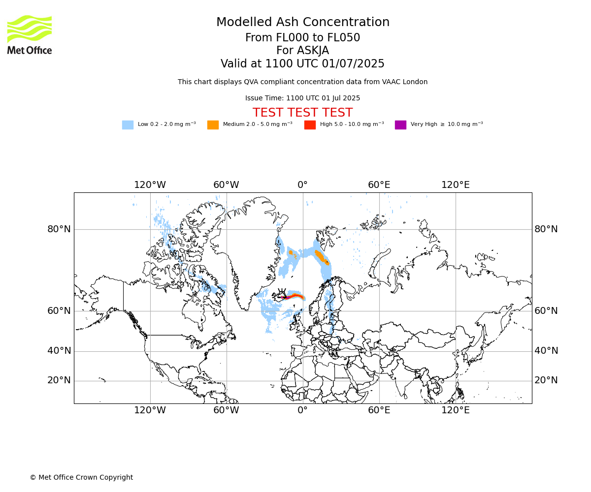 Modelled ash concentration from 000 to 050 for ASKJA. Valid at 1100 UTC 01/07/2025