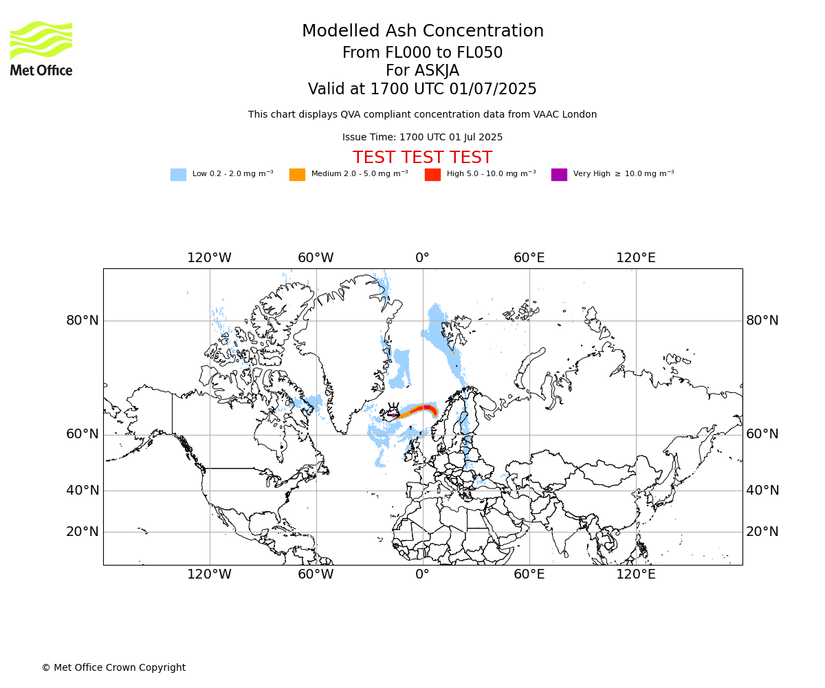 Modelled ash concentration from 000 to 050 for ASKJA. Valid at 1700 UTC 01/07/2025