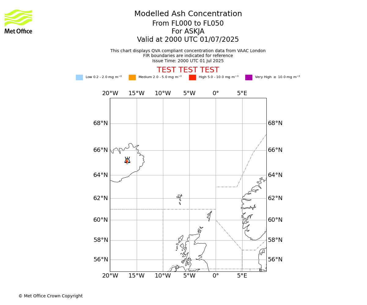 Modelled ash concentration from 000 to 050 for ASKJA. Valid at 2000 UTC 01/07/2025