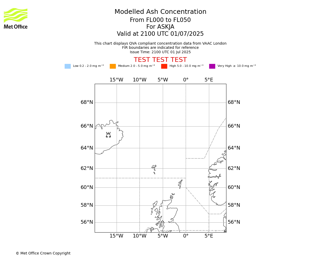 Modelled ash concentration from 000 to 050 for ASKJA. Valid at 2100 UTC 01/07/2025