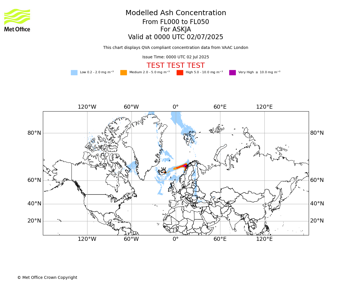 Modelled ash concentration from 000 to 050 for ASKJA. Valid at 0000 UTC 02/07/2025