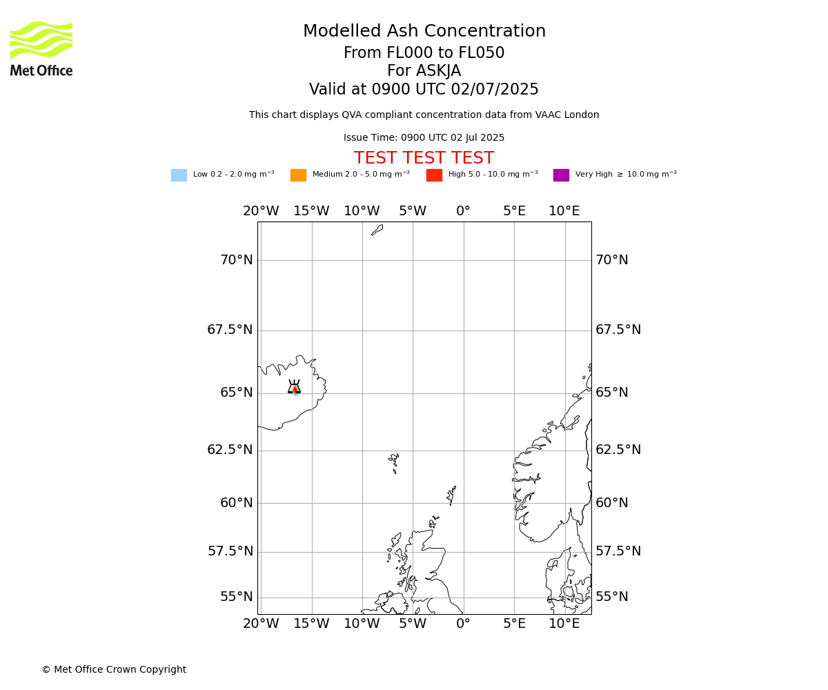 Modelled ash concentration from 000 to 050 for ASKJA. Valid at 0900 UTC 02/07/2025