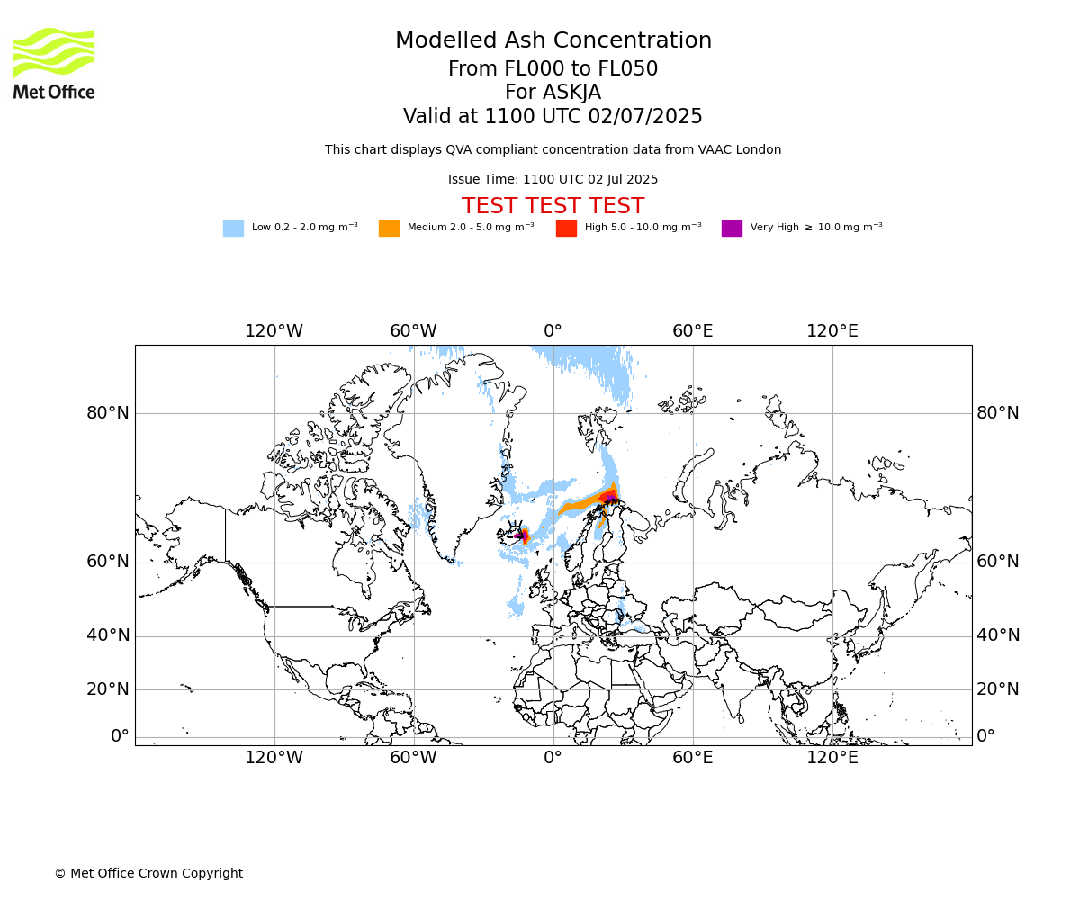 Modelled ash concentration from 000 to 050 for ASKJA. Valid at 1100 UTC 02/07/2025