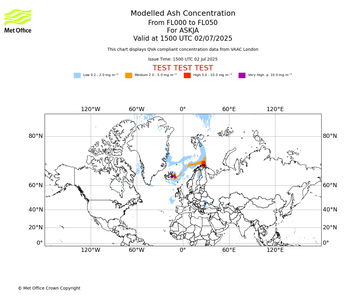 Modelled ash concentration from 000 to 050 for ASKJA. Valid at 1500 UTC 02/07/2025