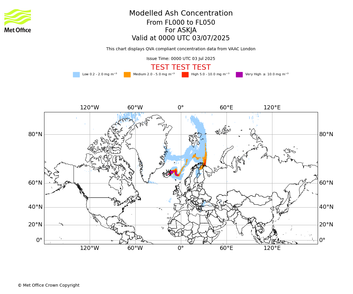 Modelled ash concentration from 000 to 050 for ASKJA. Valid at 0000 UTC 03/07/2025