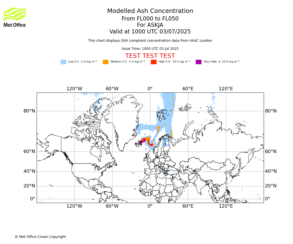 Modelled ash concentration from 000 to 050 for ASKJA. Valid at 1000 UTC 03/07/2025