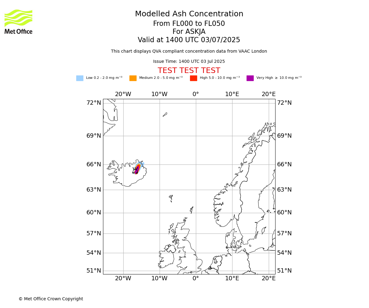 Modelled ash concentration from 000 to 050 for ASKJA. Valid at 1400 UTC 03/07/2025