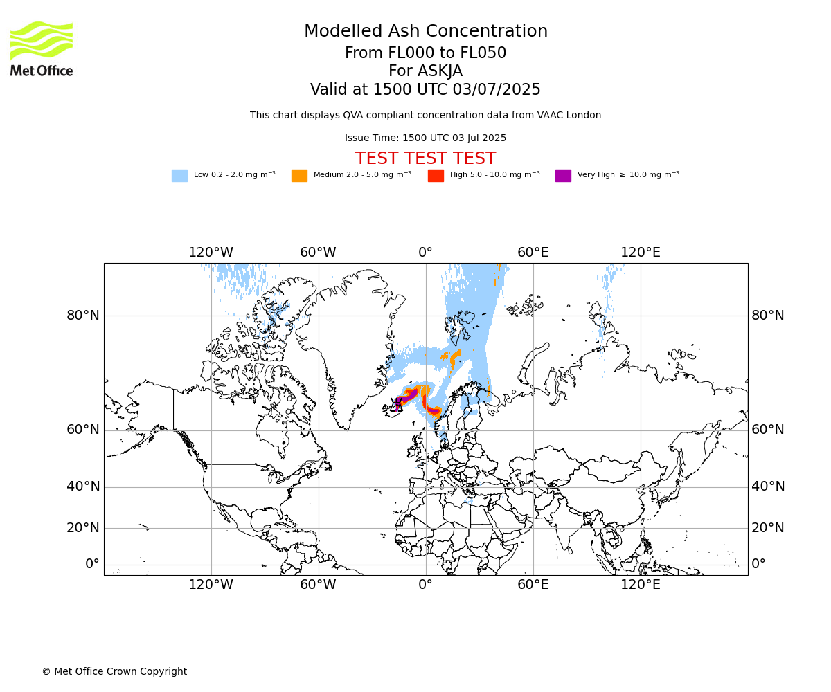 Modelled ash concentration from 000 to 050 for ASKJA. Valid at 1500 UTC 03/07/2025