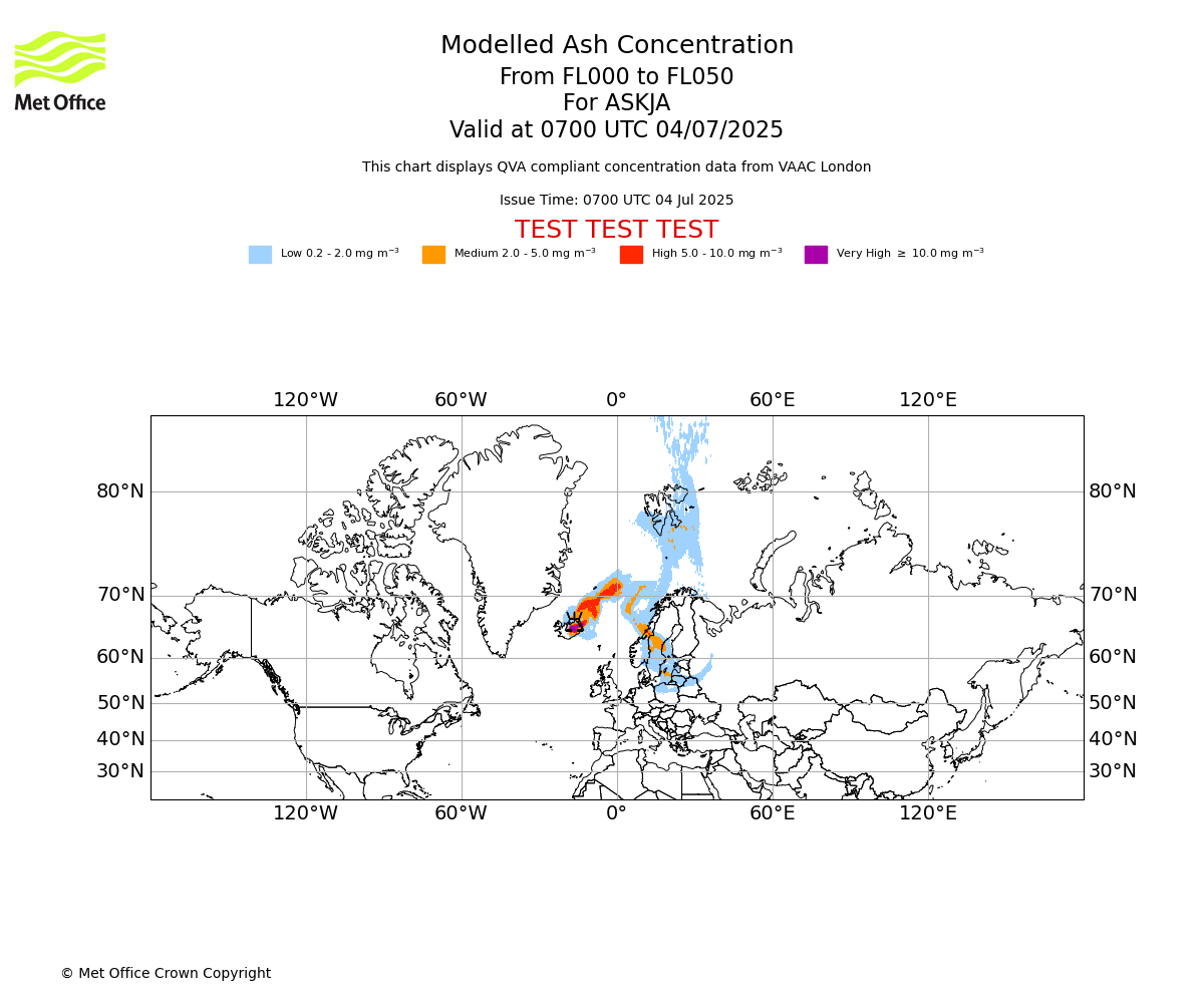 Modelled ash concentration from 000 to 050 for ASKJA. Valid at 0700 UTC 04/07/2025