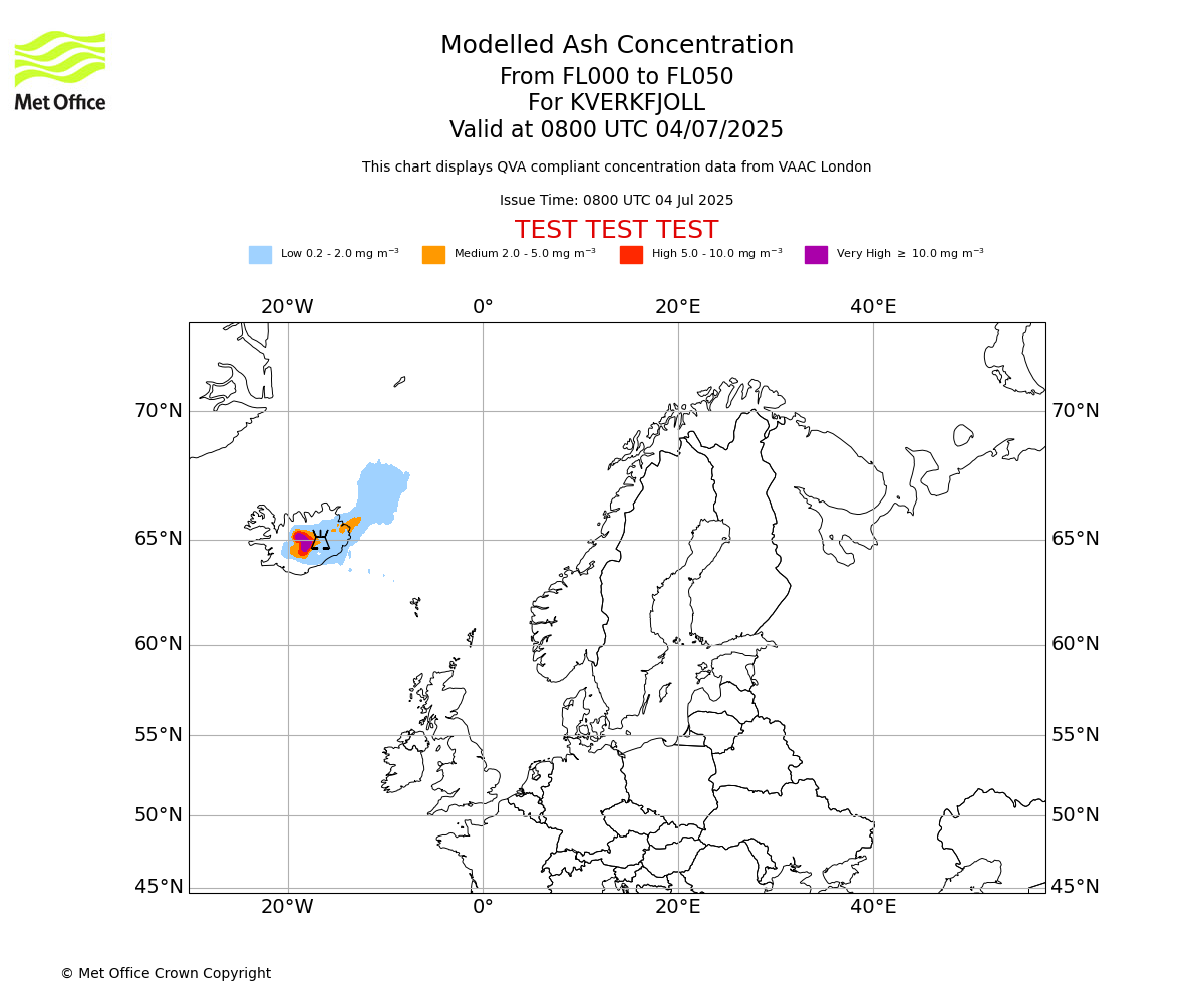 Modelled ash concentration from 000 to 050 for KVERKFJOLL. Valid at 0800 UTC 04/07/2025