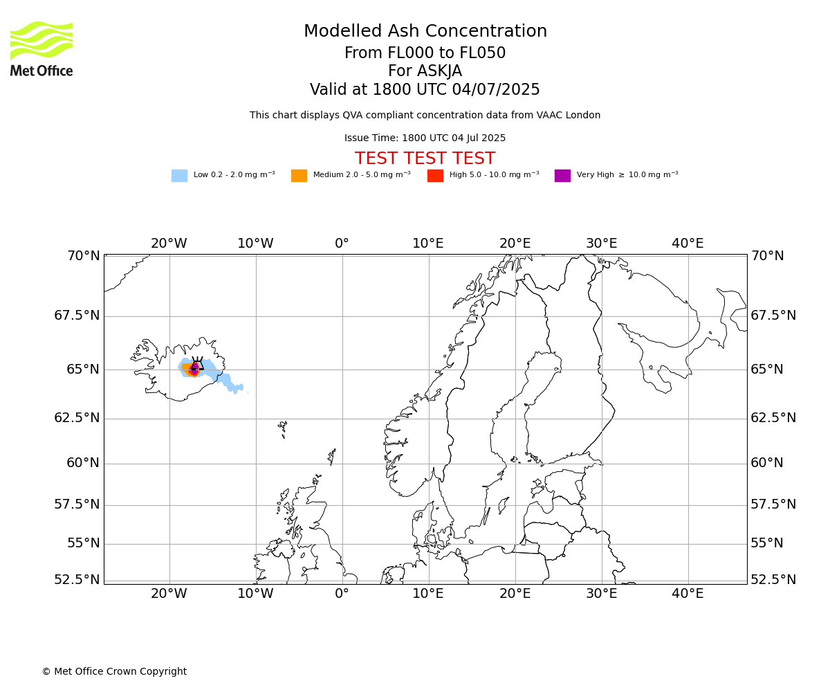 Modelled ash concentration from 000 to 050 for ASKJA. Valid at 1800 UTC 04/07/2025