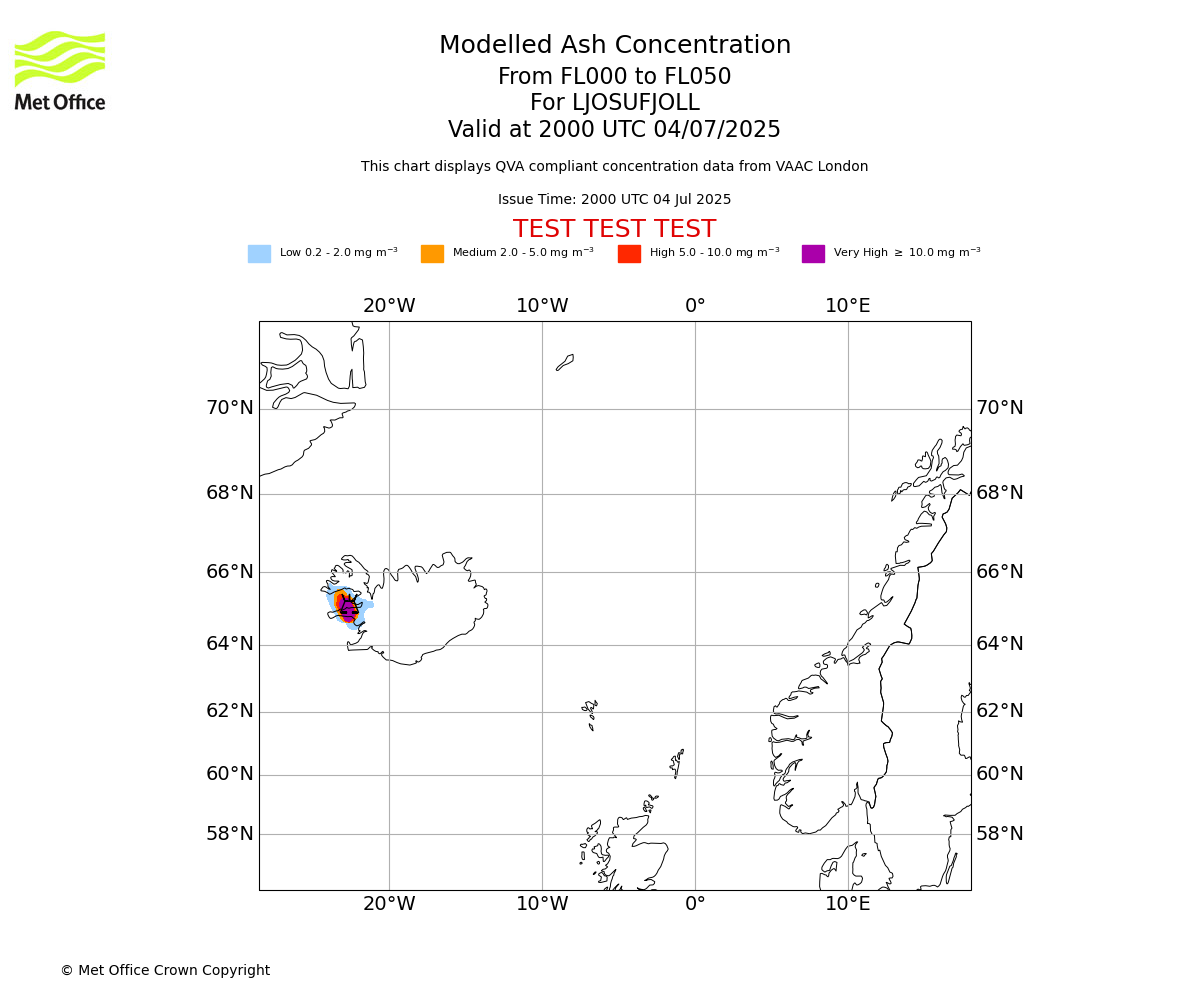 Modelled ash concentration from 000 to 050 for LJOSUFJOLL. Valid at 2000 UTC 04/07/2025