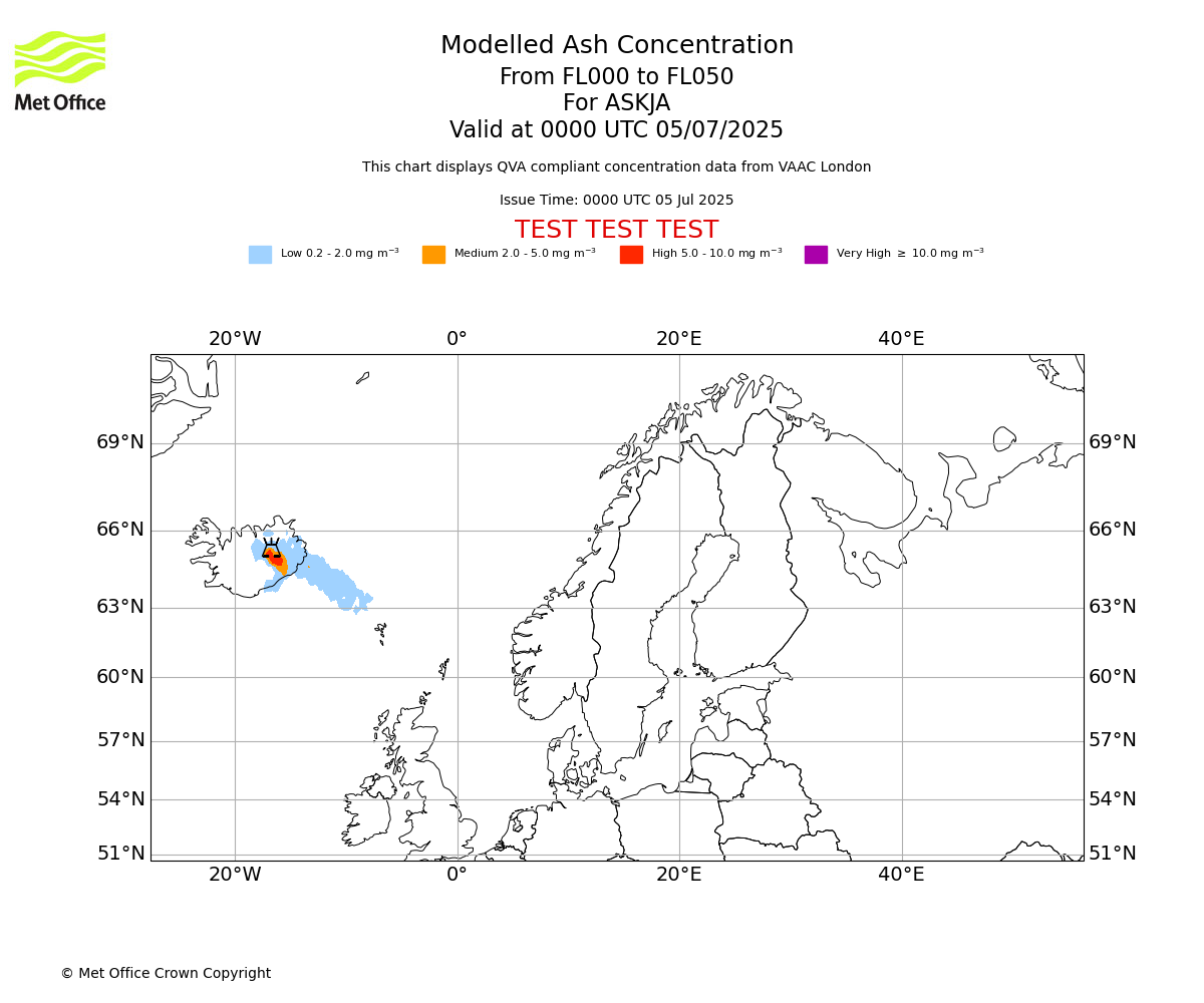 Modelled ash concentration from 000 to 050 for ASKJA. Valid at 0000 UTC 05/07/2025