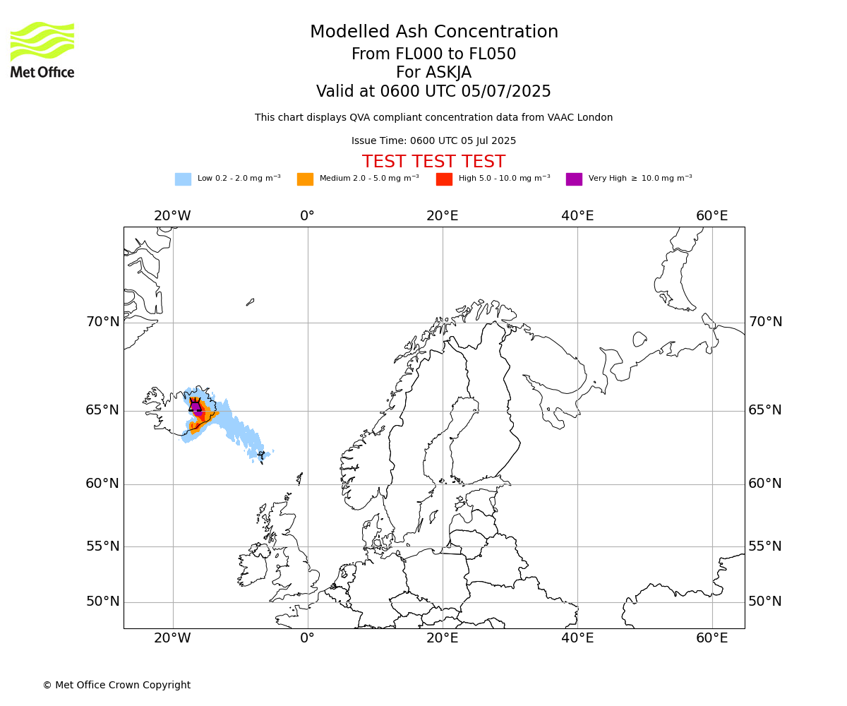 Modelled ash concentration from 000 to 050 for ASKJA. Valid at 0600 UTC 05/07/2025