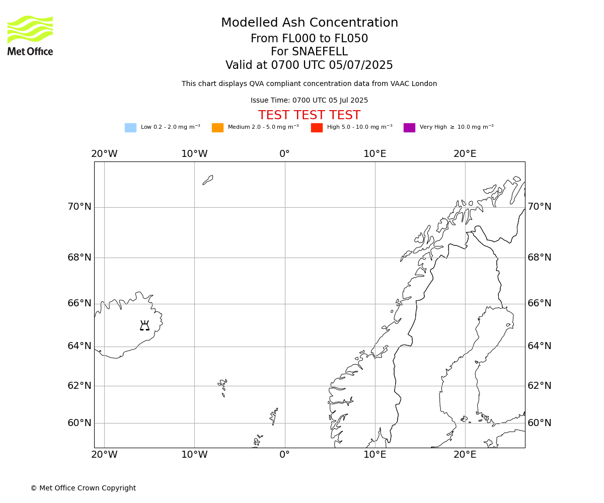 Modelled ash concentration from 000 to 050 for SNAEFELL. Valid at 0700 UTC 05/07/2025