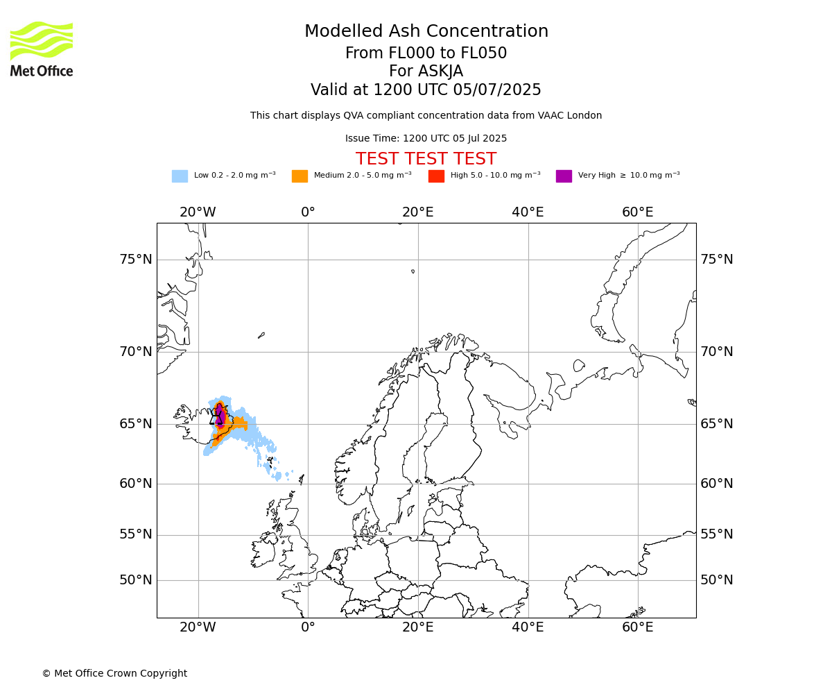 Modelled ash concentration from 000 to 050 for ASKJA. Valid at 1200 UTC 05/07/2025