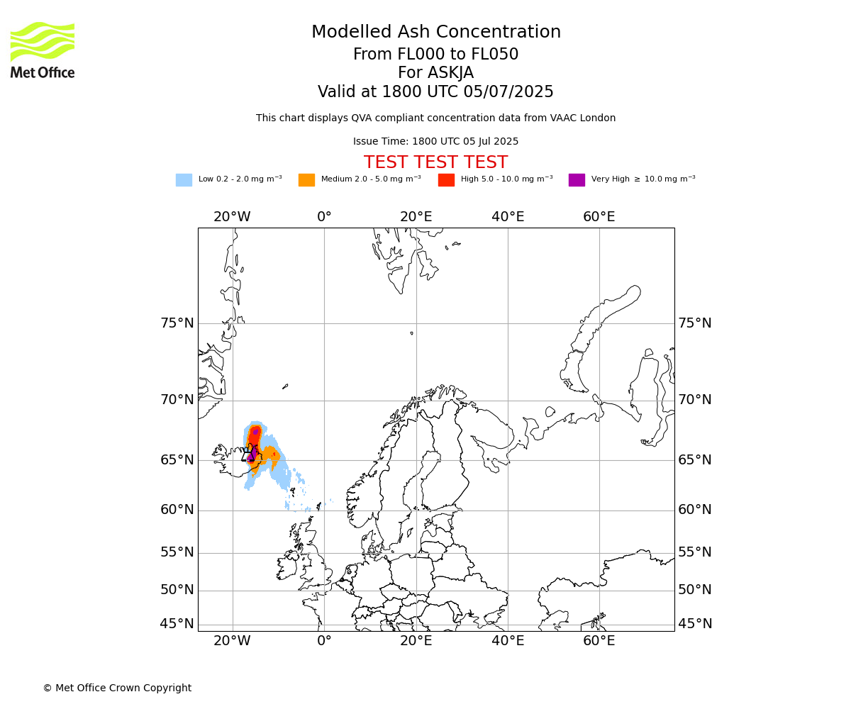 Modelled ash concentration from 000 to 050 for ASKJA. Valid at 1800 UTC 05/07/2025