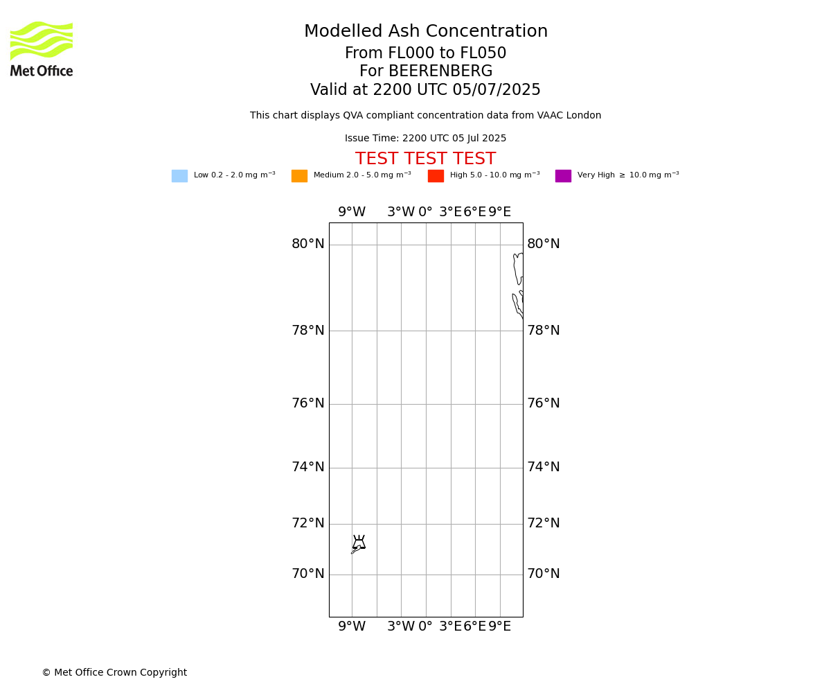 Modelled ash concentration from 000 to 050 for BEERENBERG. Valid at 2200 UTC 05/07/2025