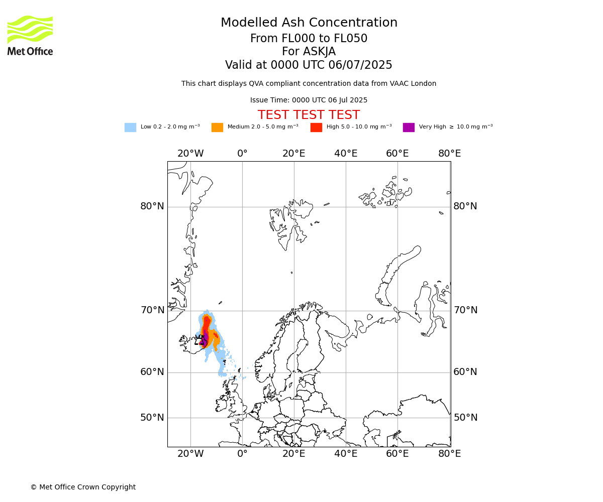 Modelled ash concentration from 000 to 050 for ASKJA. Valid at 0000 UTC 06/07/2025