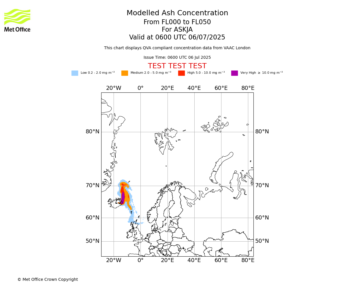 Modelled ash concentration from 000 to 050 for ASKJA. Valid at 0600 UTC 06/07/2025