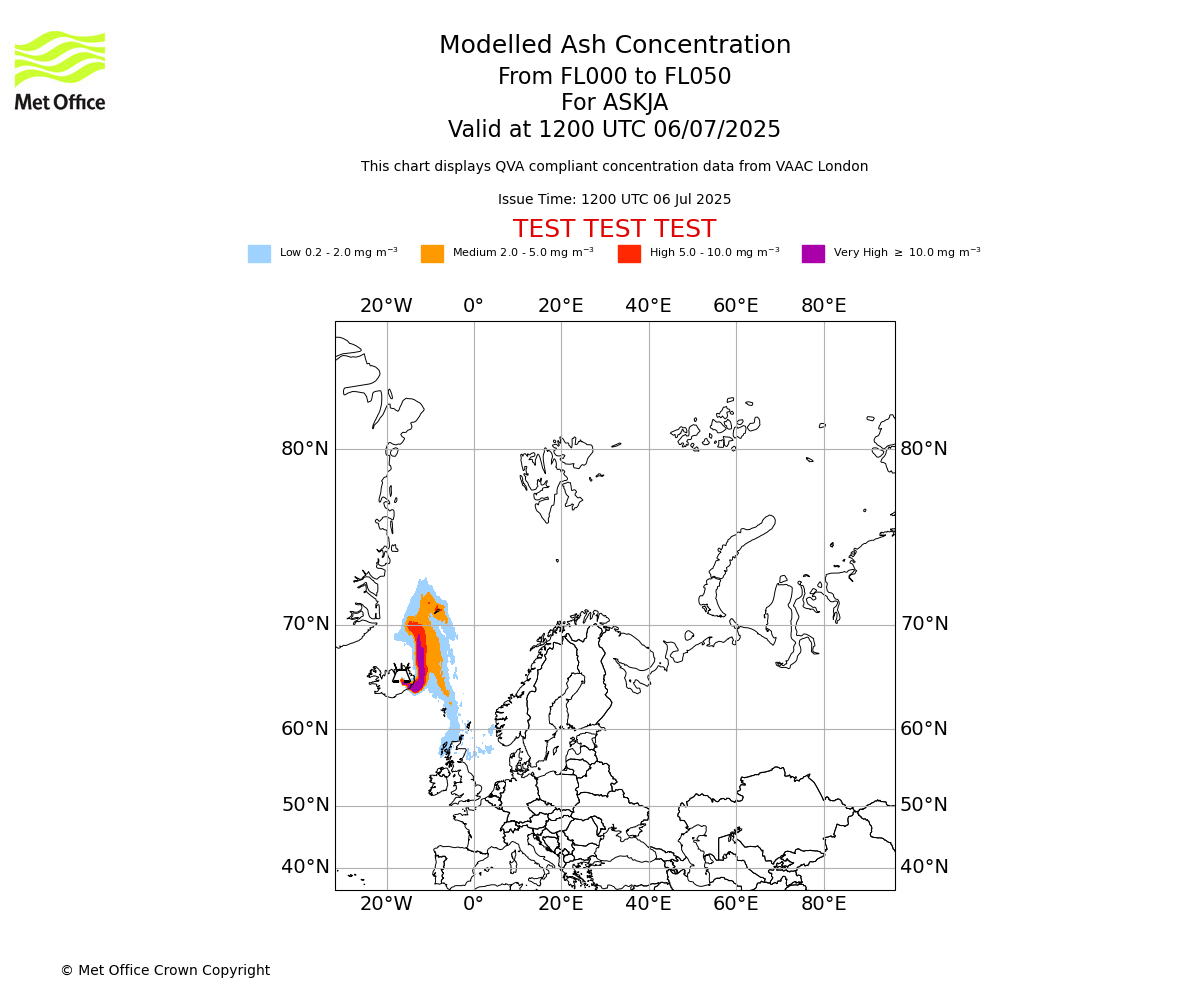 Modelled ash concentration from 000 to 050 for ASKJA. Valid at 1200 UTC 06/07/2025