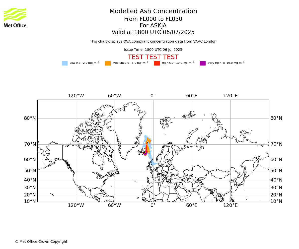 Modelled ash concentration from 000 to 050 for ASKJA. Valid at 1800 UTC 06/07/2025