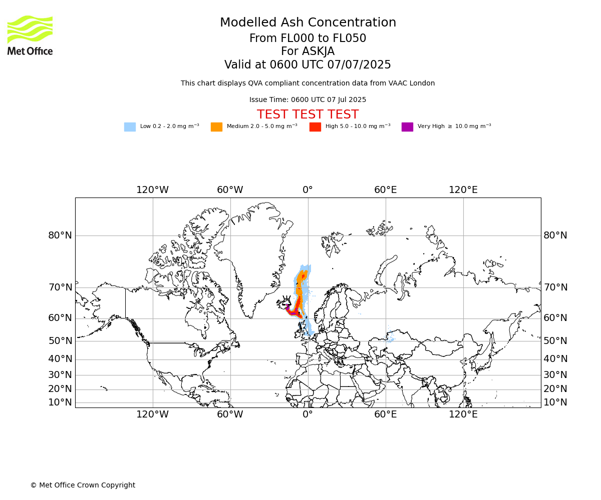 Modelled ash concentration from 000 to 050 for ASKJA. Valid at 0600 UTC 07/07/2025