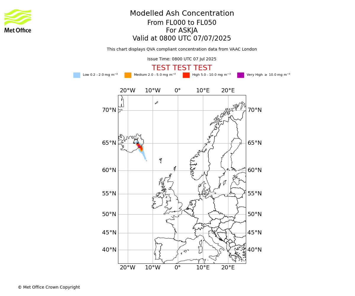 Modelled ash concentration from 000 to 050 for ASKJA. Valid at 0800 UTC 07/07/2025