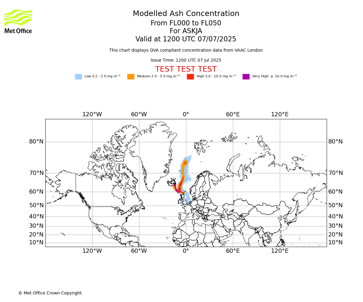 Modelled ash concentration from 000 to 050 for ASKJA. Valid at 1200 UTC 07/07/2025
