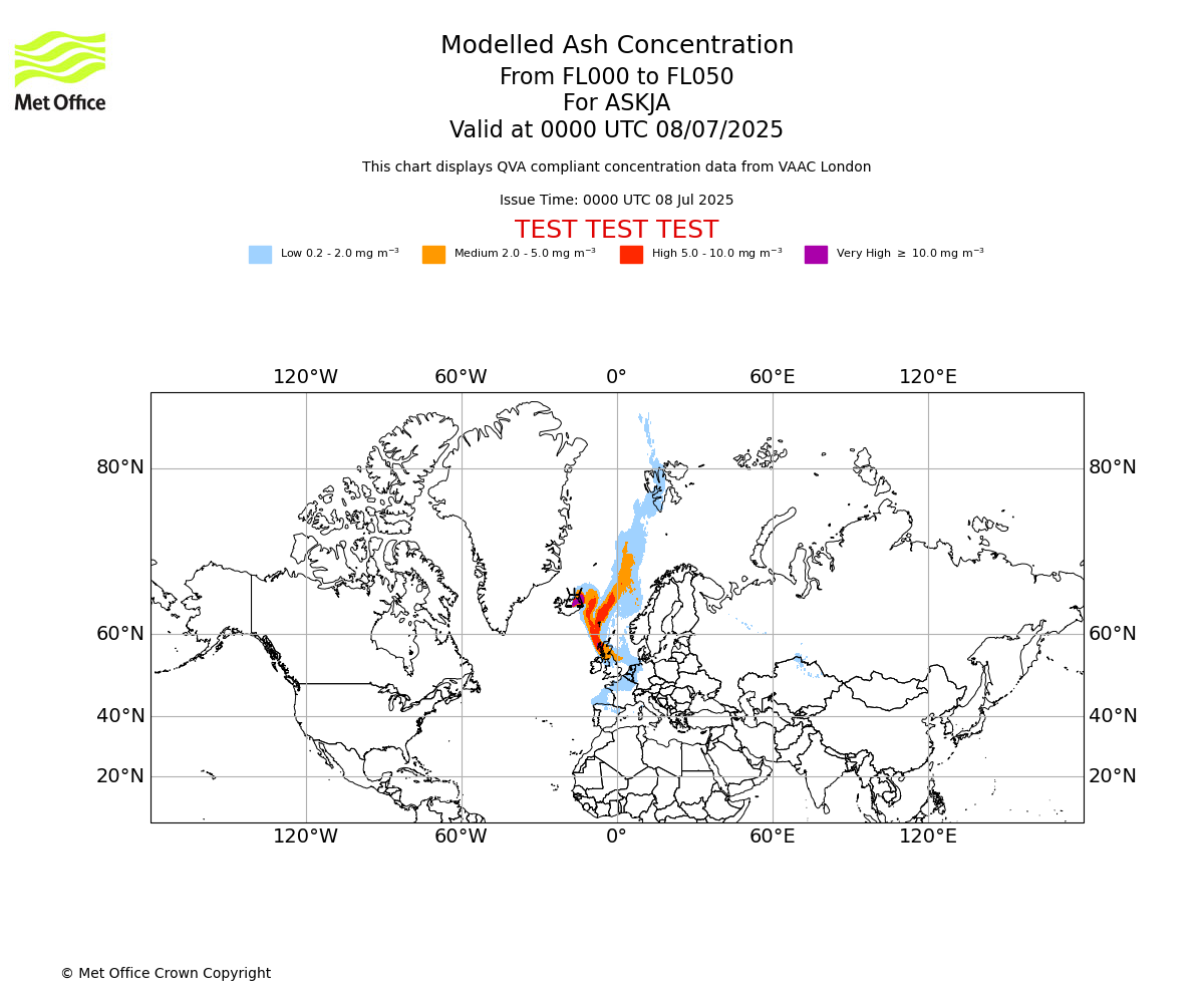 Modelled ash concentration from 000 to 050 for ASKJA. Valid at 0000 UTC 08/07/2025