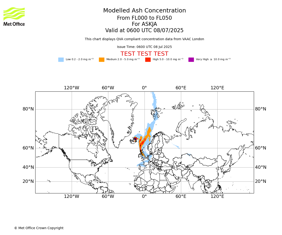 Modelled ash concentration from 000 to 050 for ASKJA. Valid at 0600 UTC 08/07/2025