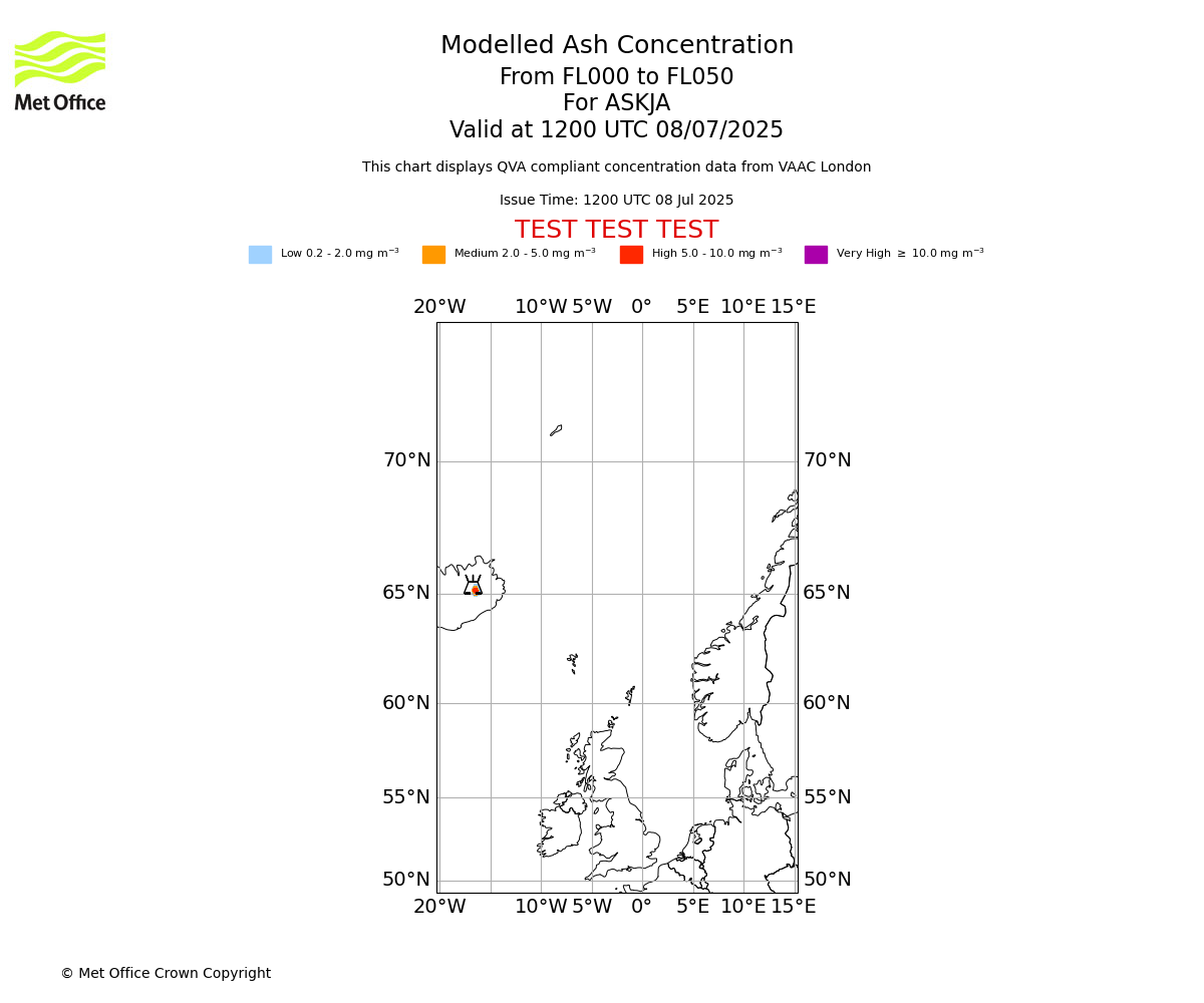 Modelled ash concentration from 000 to 050 for ASKJA. Valid at 1200 UTC 08/07/2025