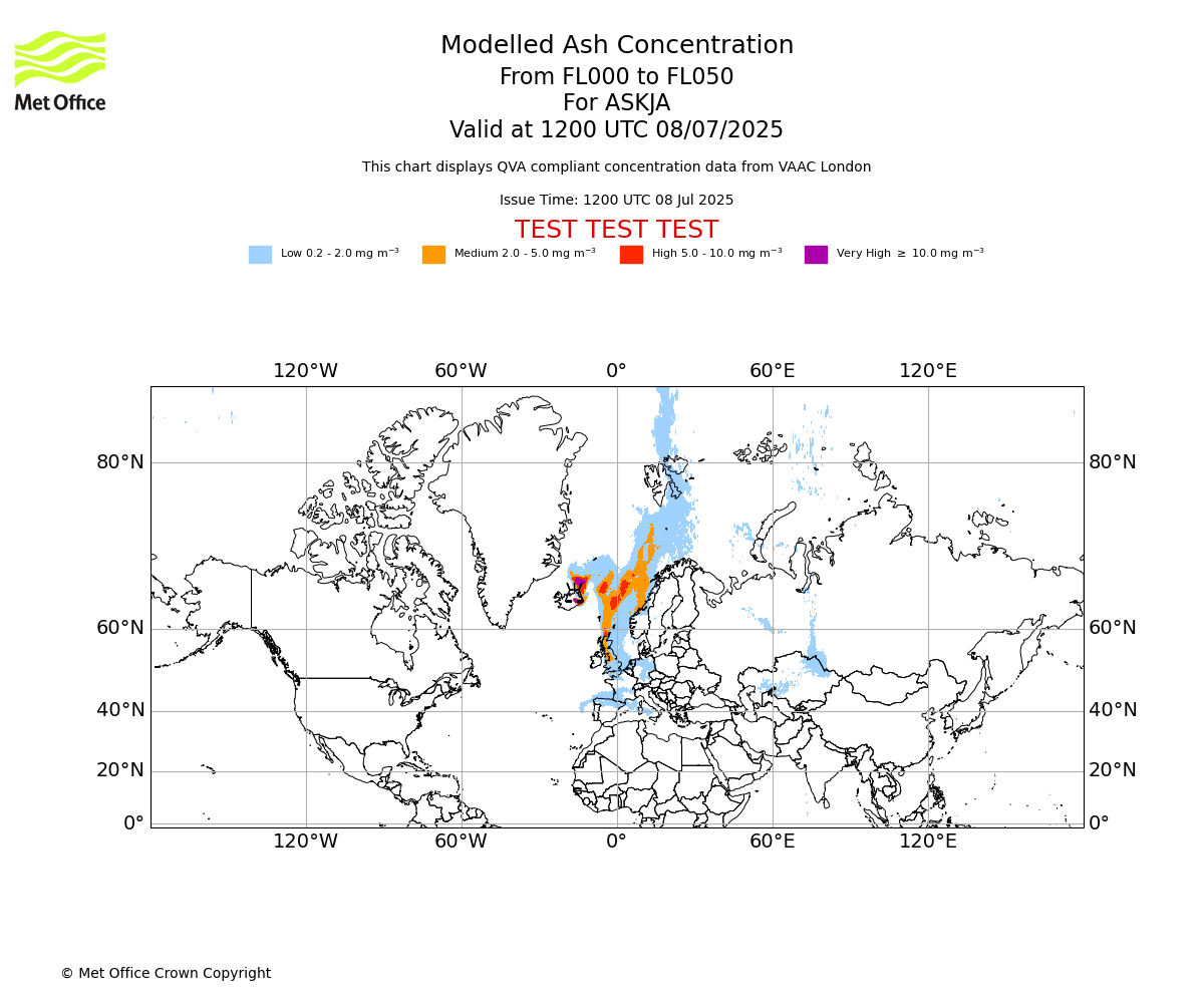 Modelled ash concentration from 000 to 050 for ASKJA. Valid at 1200 UTC 08/07/2025