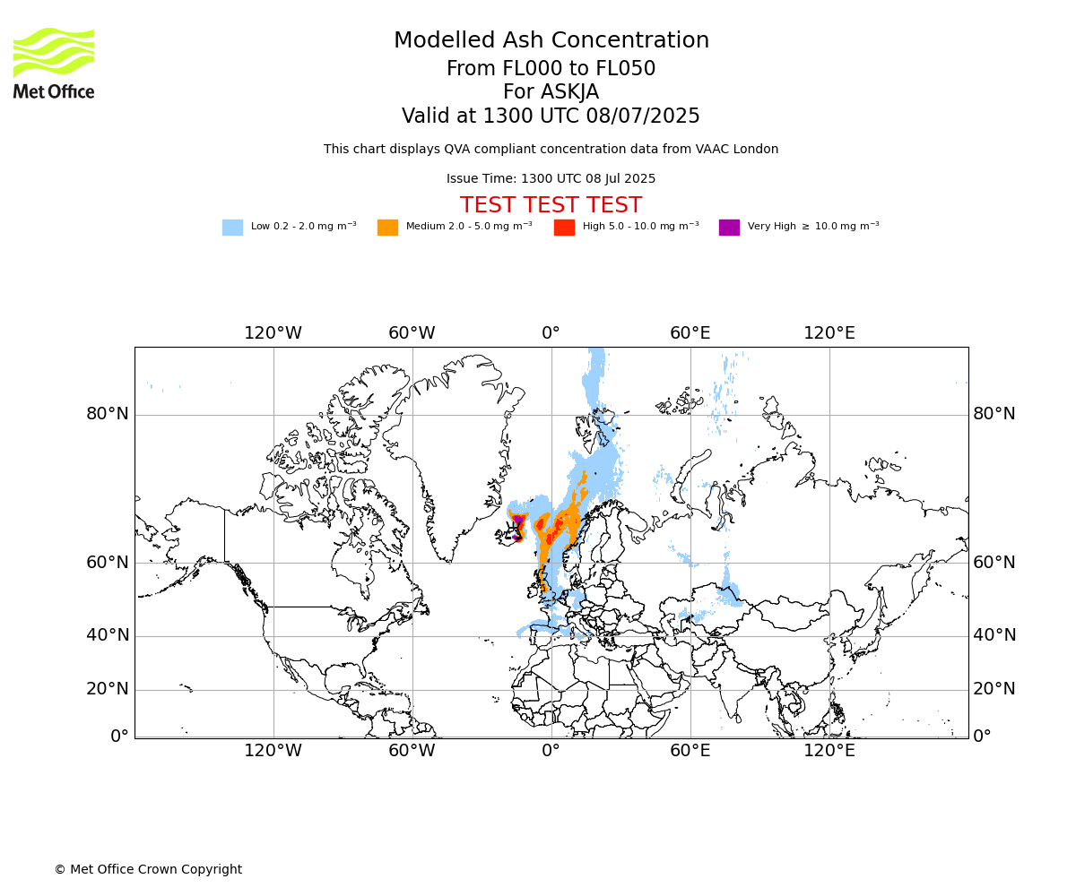 Modelled ash concentration from 000 to 050 for ASKJA. Valid at 1300 UTC 08/07/2025