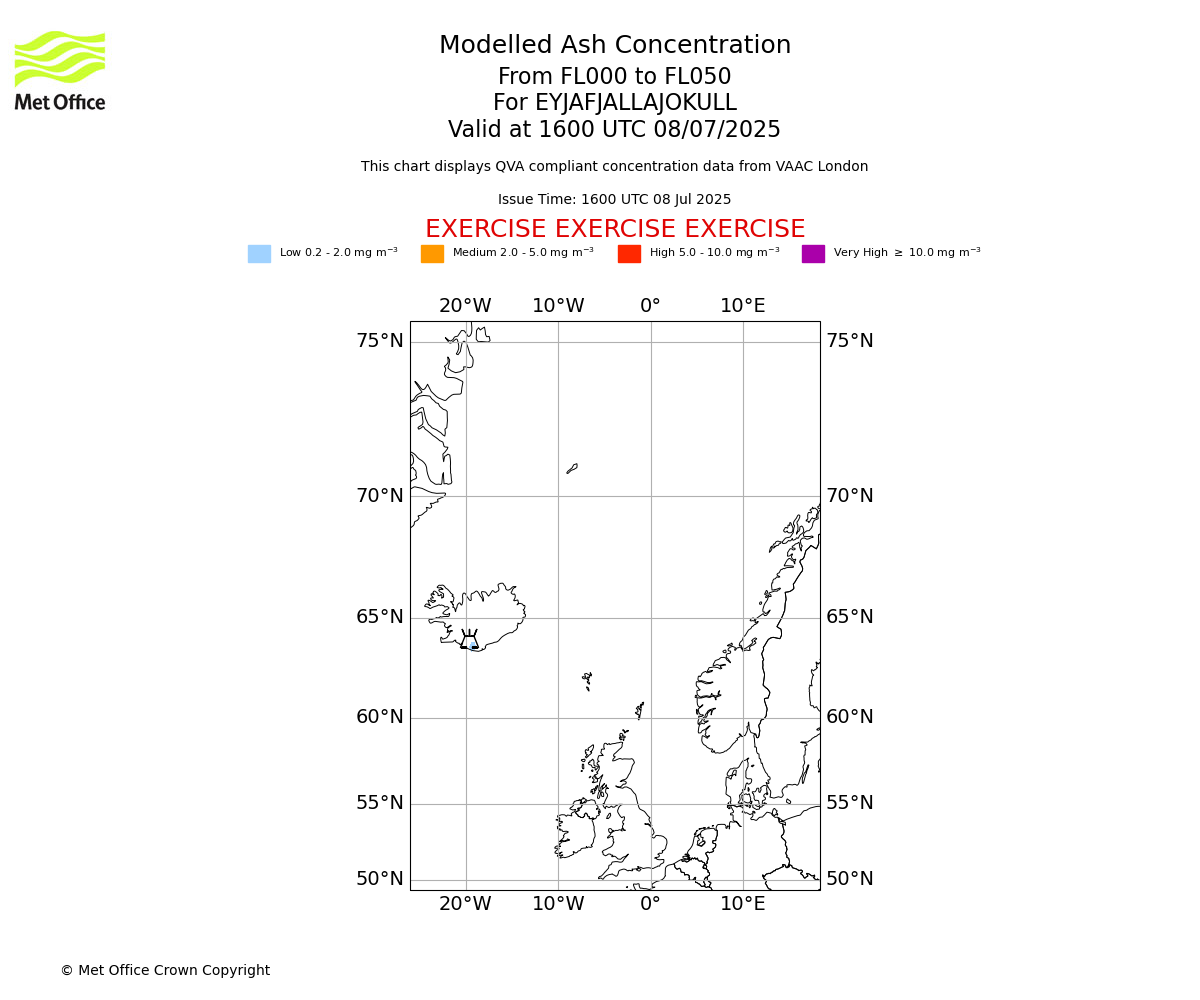 Modelled ash concentration from 000 to 050 for EYJAFJALLAJOKULL. Valid at 1600 UTC 08/07/2025