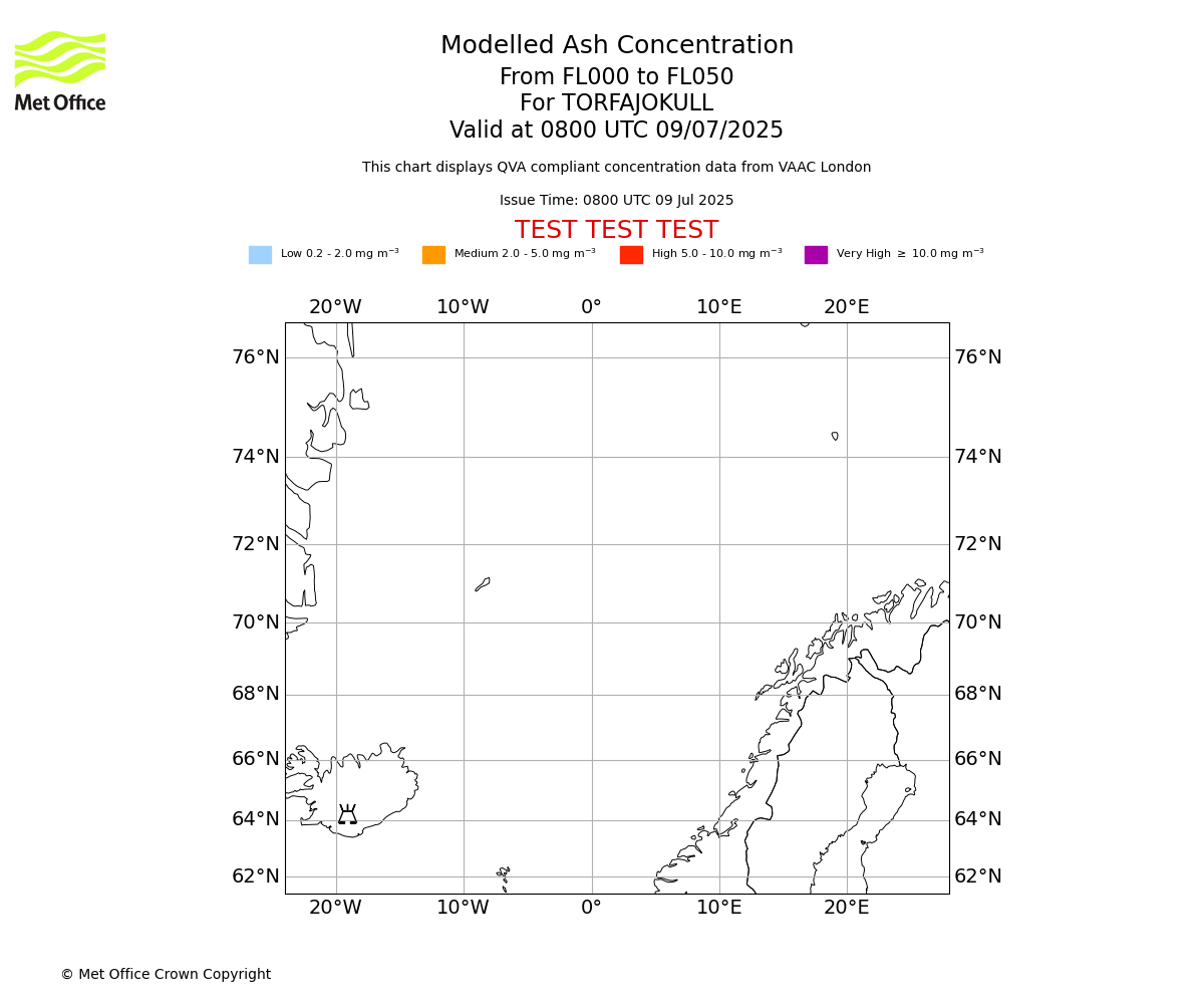 Modelled ash concentration from 000 to 050 for TORFAJOKULL. Valid at 0800 UTC 09/07/2025