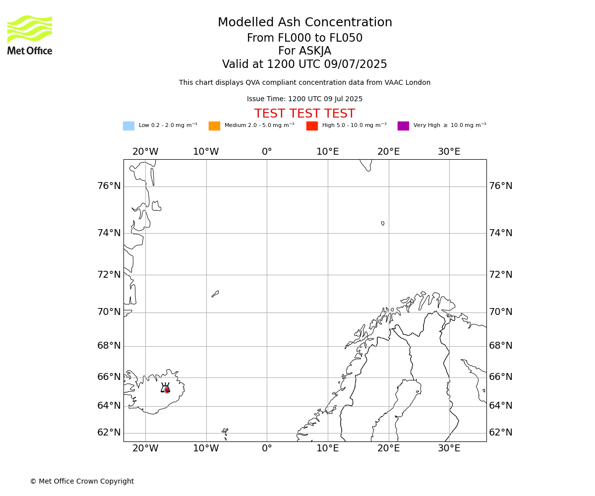 Modelled ash concentration from 000 to 050 for ASKJA. Valid at 1200 UTC 09/07/2025