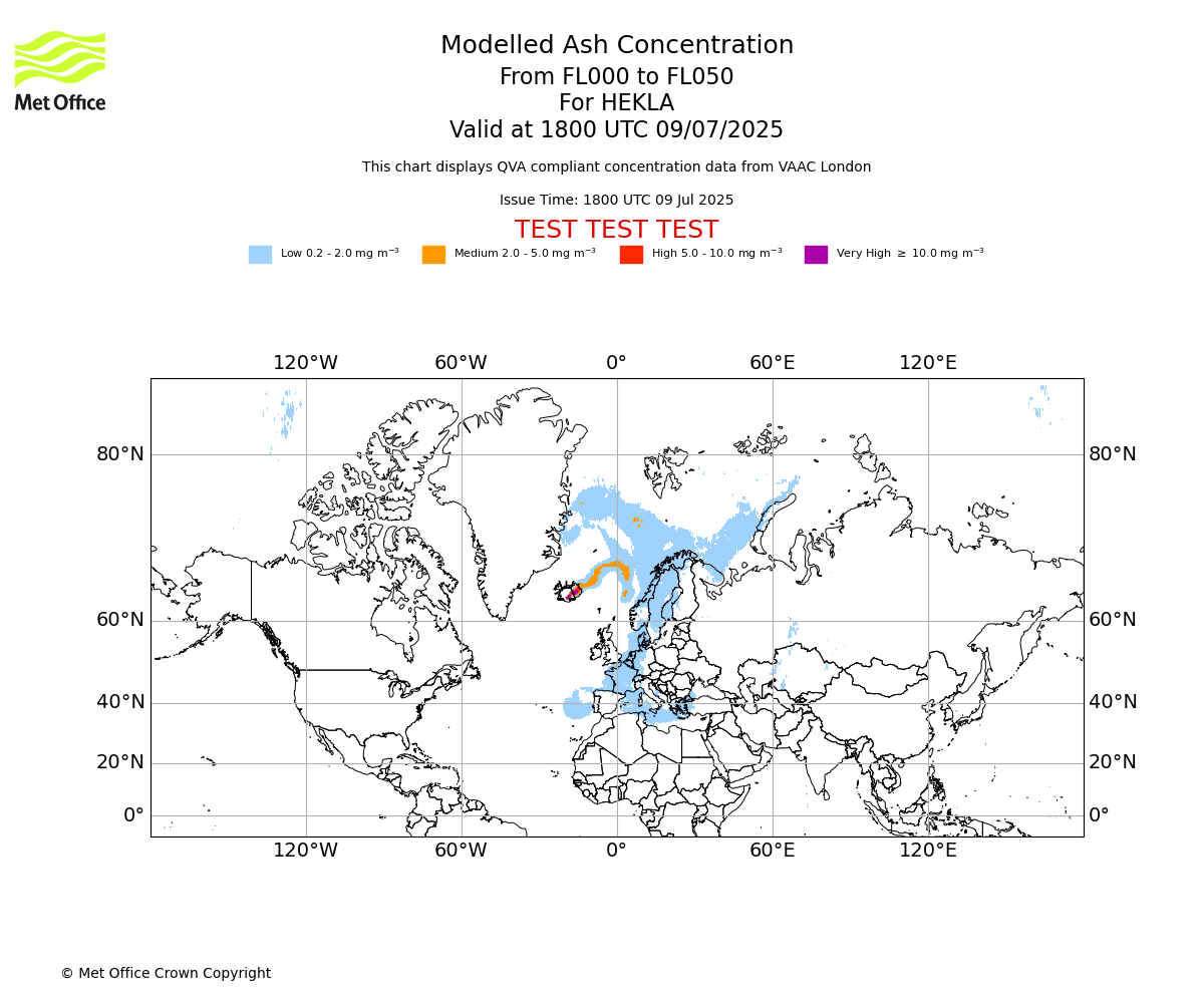 Modelled ash concentration from 000 to 050 for HEKLA. Valid at 1800 UTC 09/07/2025