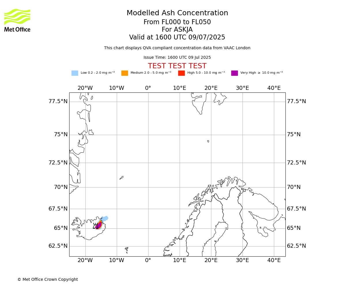 Modelled ash concentration from 000 to 050 for ASKJA. Valid at 1600 UTC 09/07/2025