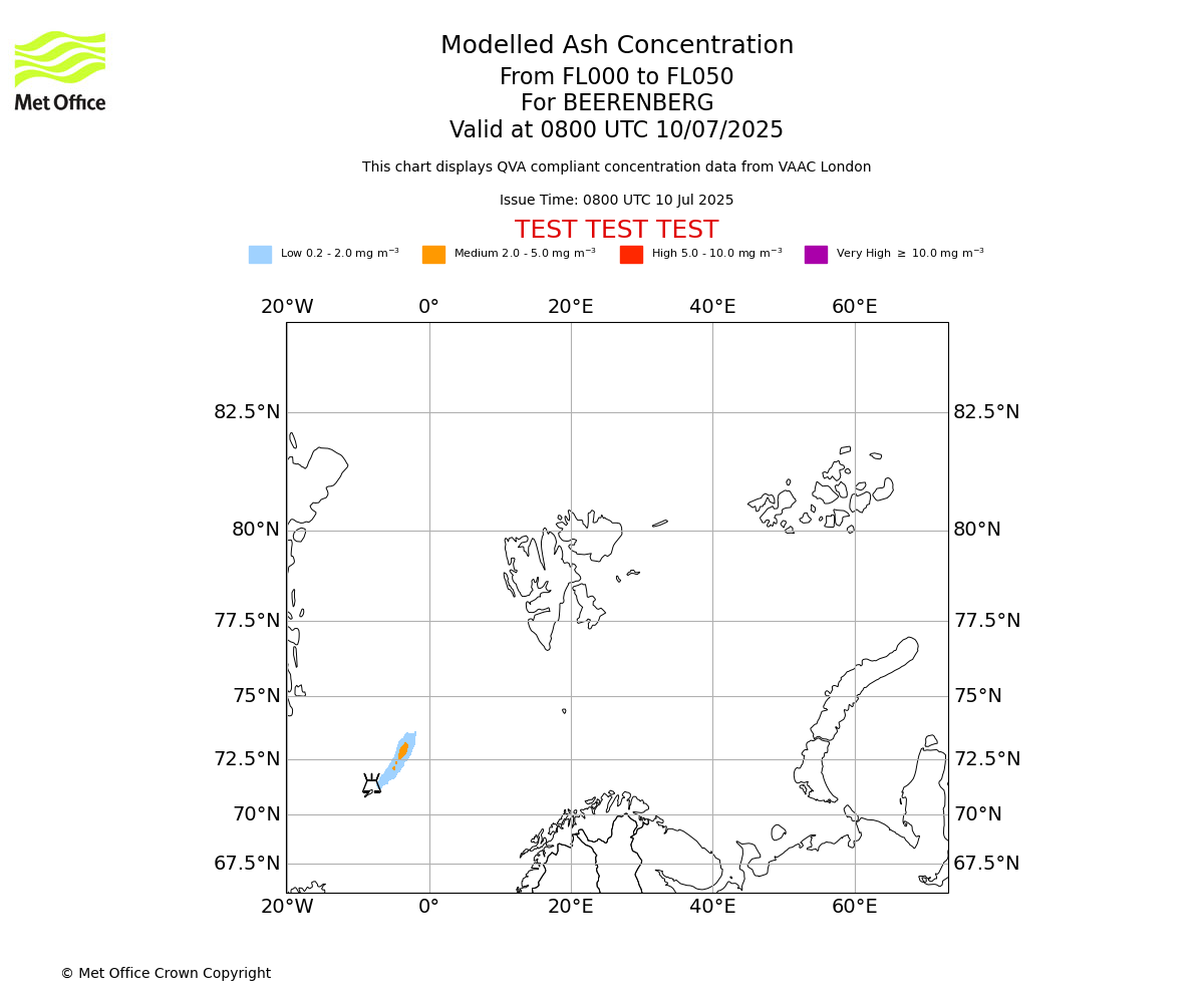 Modelled ash concentration from 000 to 050 for BEERENBERG. Valid at 0800 UTC 10/07/2025