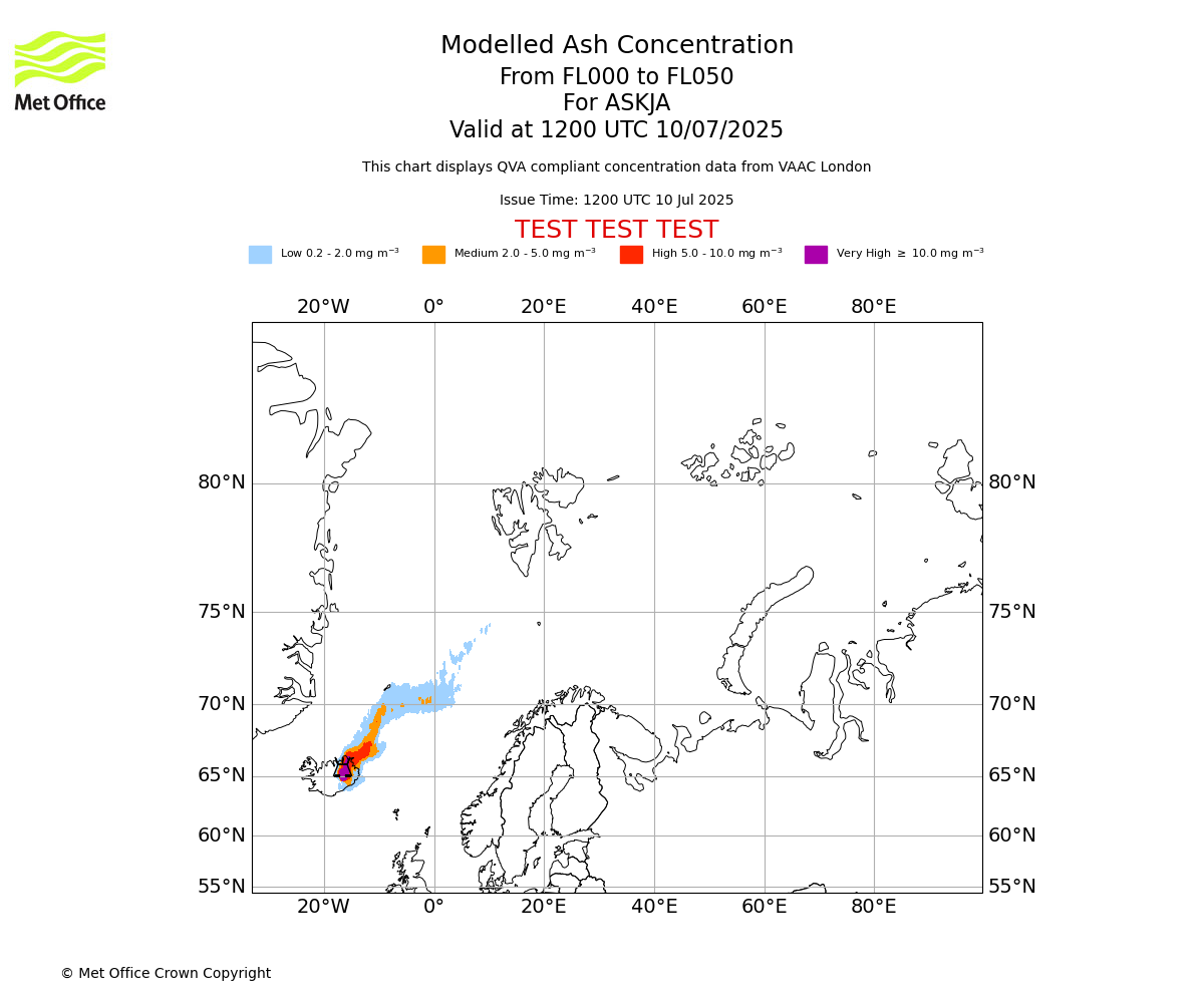Modelled ash concentration from 000 to 050 for ASKJA. Valid at 1200 UTC 10/07/2025