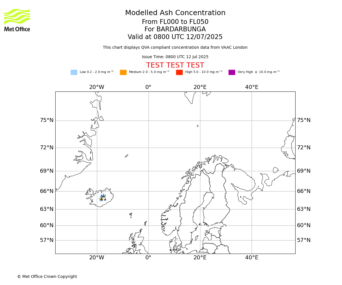 Modelled ash concentration from 000 to 050 for BARDARBUNGA. Valid at 0800 UTC 12/07/2025