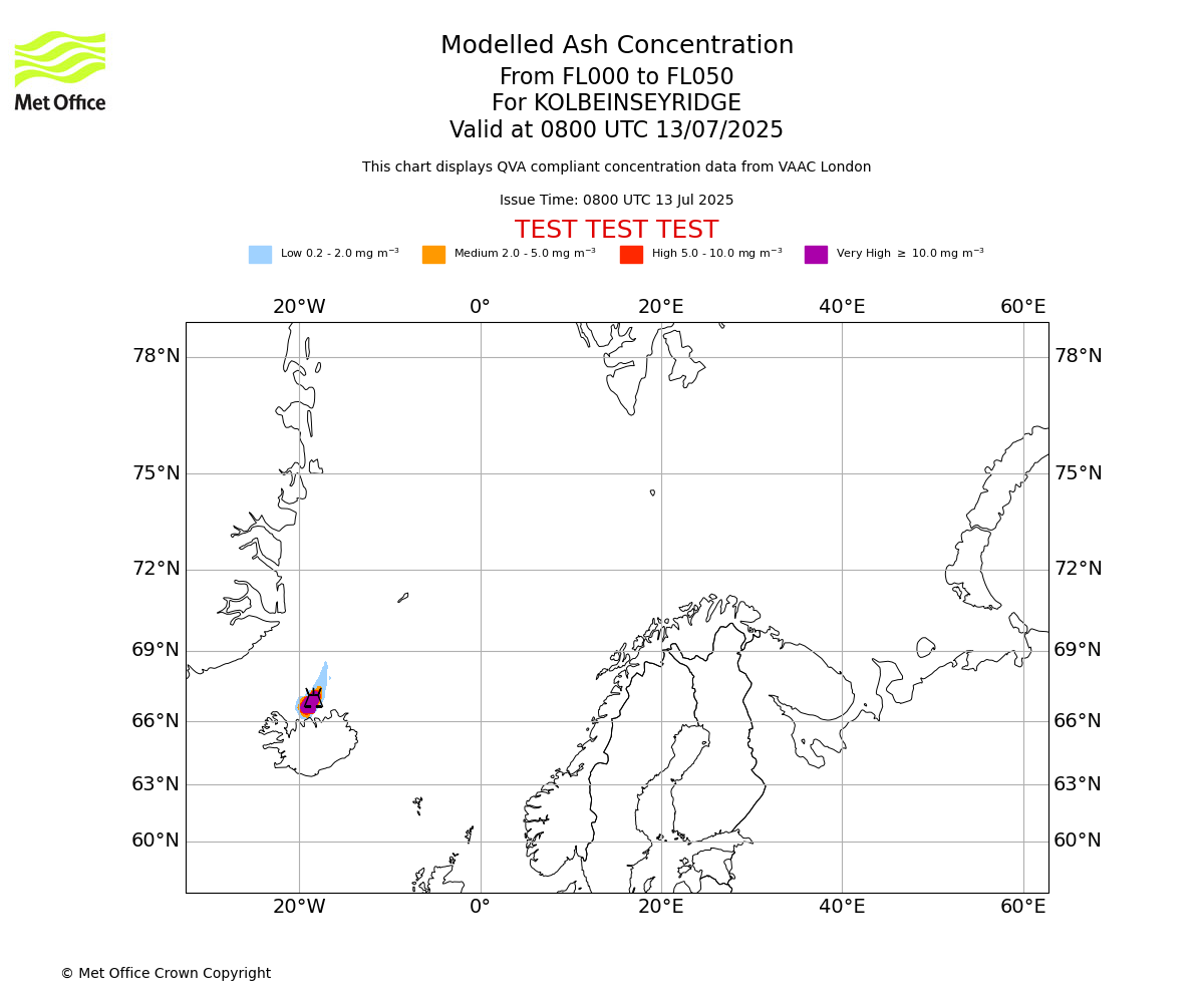 Modelled ash concentration from 000 to 050 for KOLBEINSEYRIDGE. Valid at 0800 UTC 13/07/2025