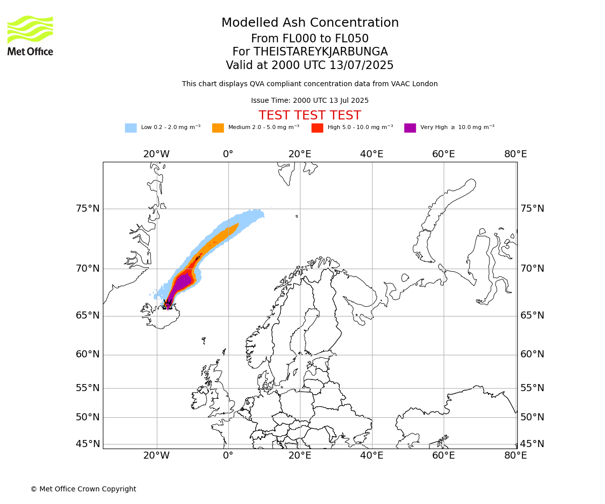 Modelled ash concentration from 000 to 050 for THEISTAREYKJARBUNGA. Valid at 2000 UTC 13/07/2025