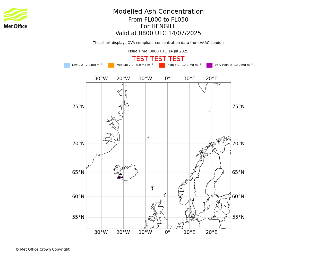 Modelled ash concentration from 000 to 050 for HENGILL. Valid at 0800 UTC 14/07/2025