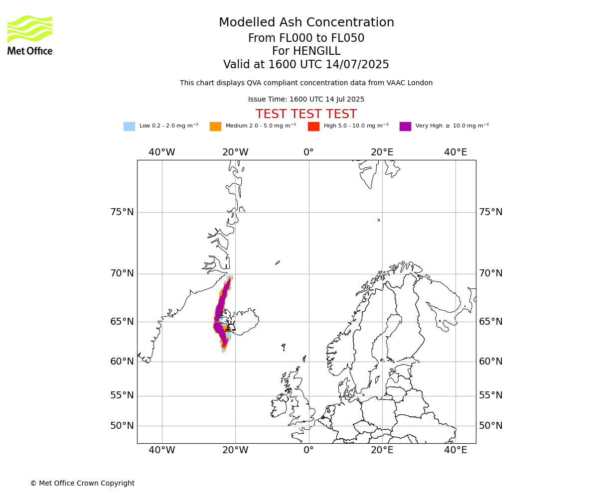 Modelled ash concentration from 000 to 050 for HENGILL. Valid at 1600 UTC 14/07/2025