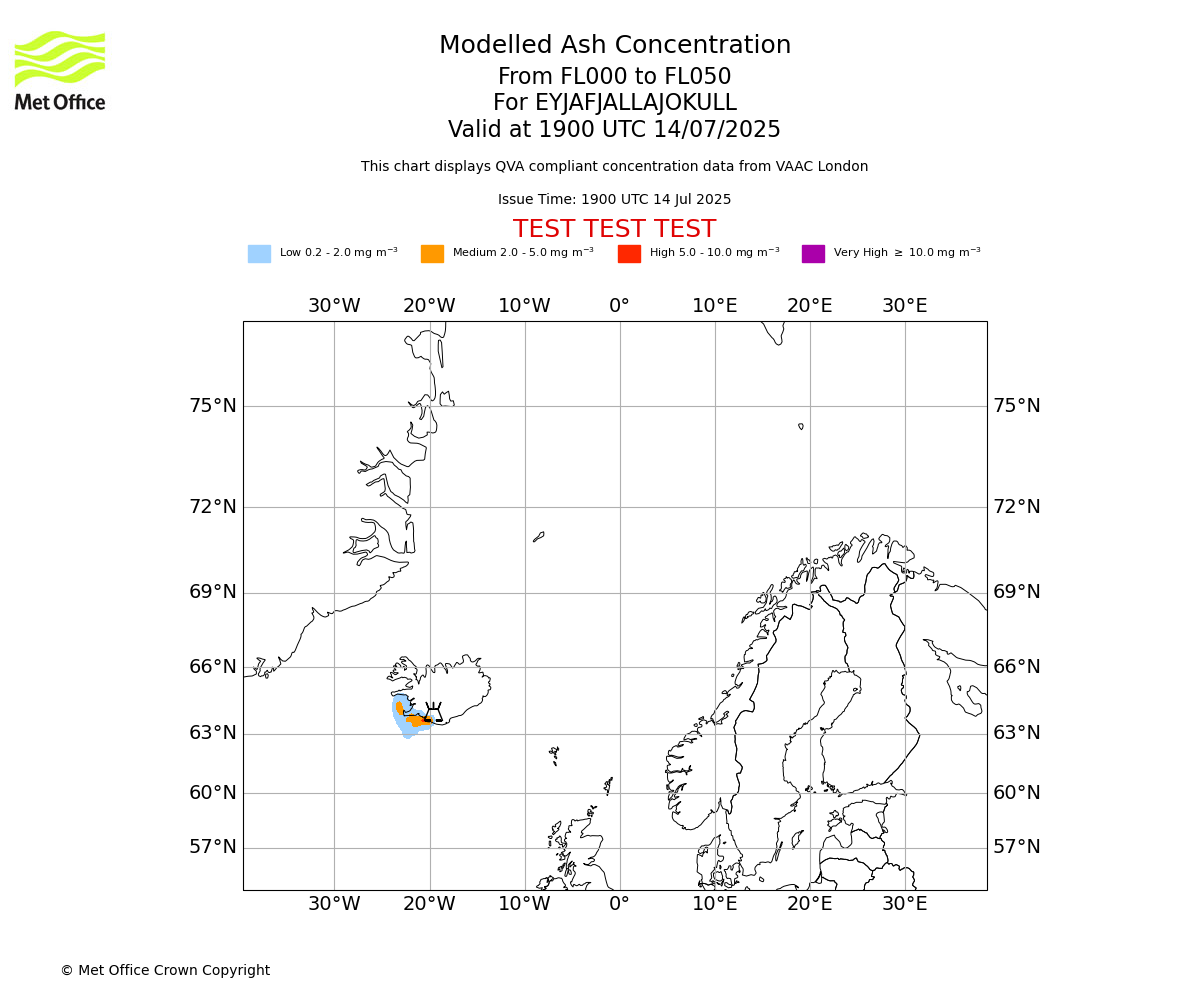 Modelled ash concentration from 000 to 050 for EYJAFJALLAJOKULL. Valid at 1900 UTC 14/07/2025
