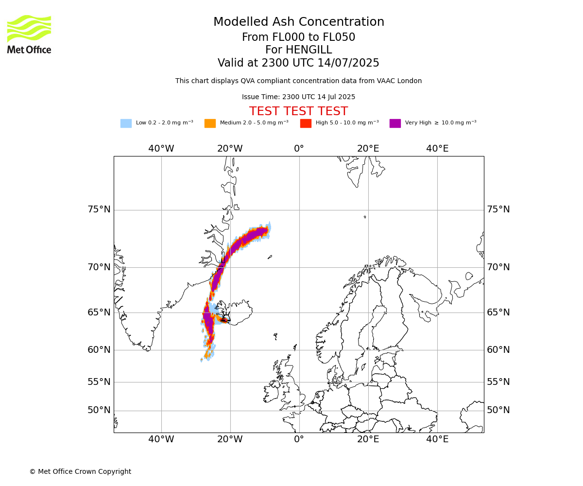 Modelled ash concentration from 000 to 050 for HENGILL. Valid at 2300 UTC 14/07/2025